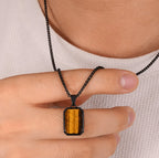 Schwarze Kette mit rechteckigem Tigerauge-Anhänger, edles Männer-Accessoire
