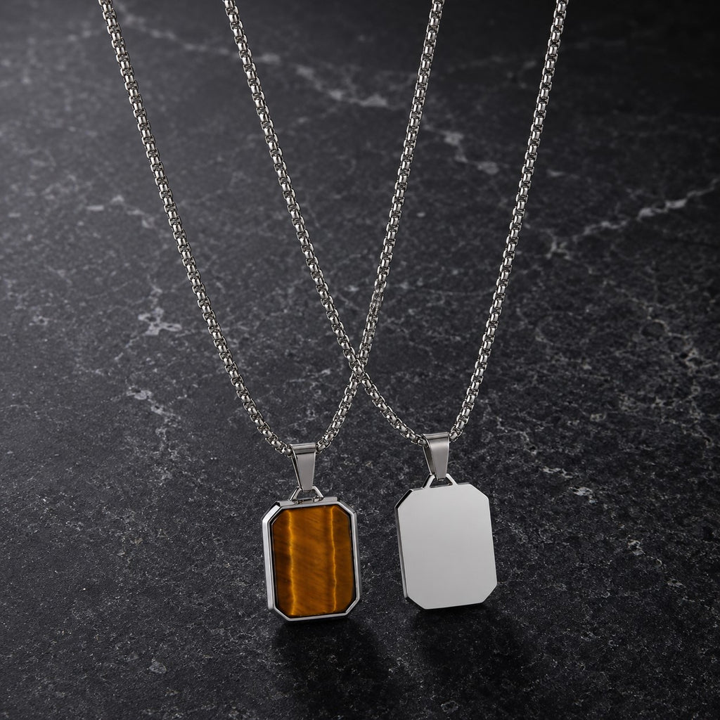 Edle Herren-Halsketten aus Edelstahl mit Tigerauge-Stein und glänzendem Anhänger, modernes Design für Charakterträger