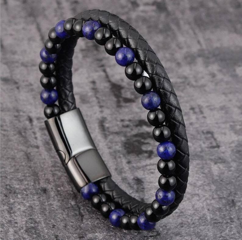 Lederarmband mit blauem Lapislazuli Steinen - ManTrend