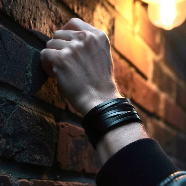 Breites Vintage Lederarmband in schwarz - ManTrend